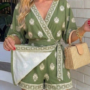 Women's Boho Vintage Print Romper V Neck Wrap Knot Side Jumpsuit Half Sleeve Beach Vacation Summer Skorts Romper