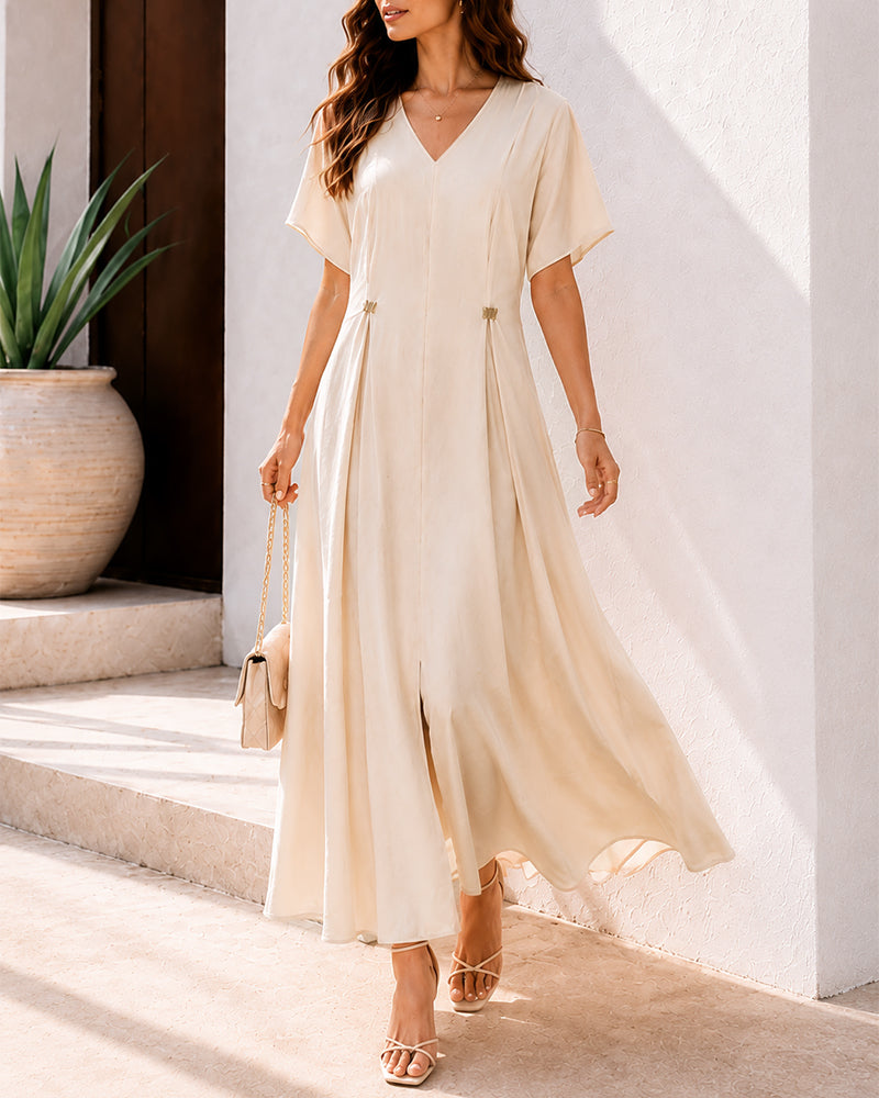 Women's Elegant V Neck Maxi Dress Casual Batwing Sleeve Pleated Long Dress Front Slit Shirred Vacation Dress - Image 5
