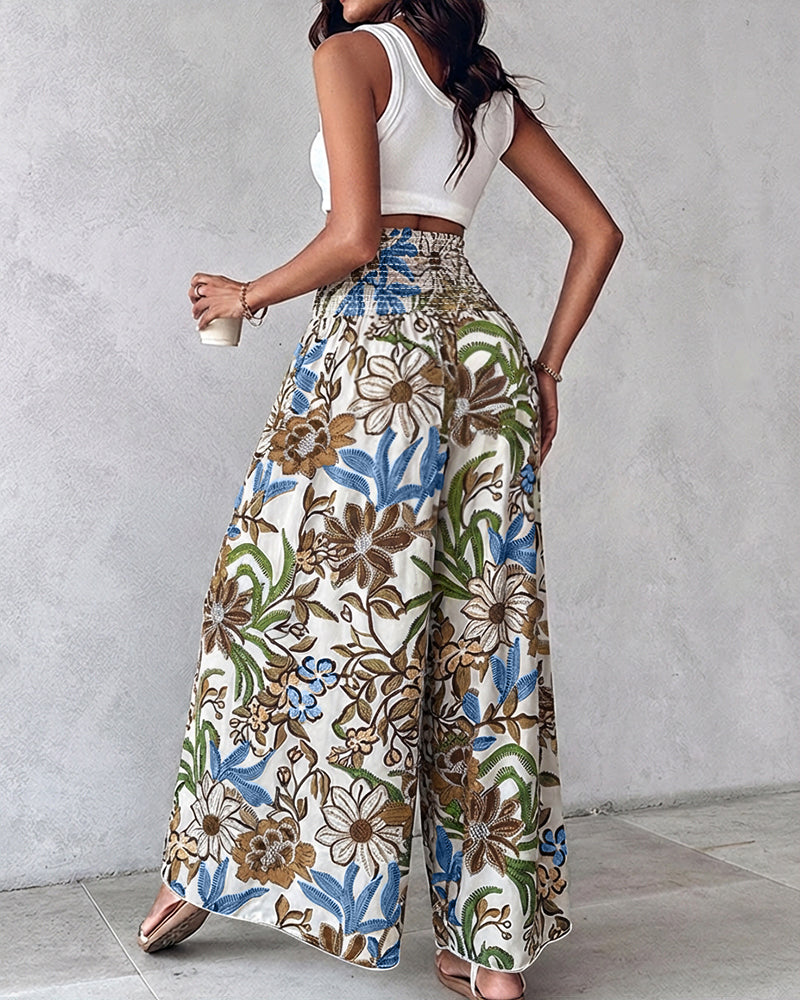 Vintage Floral Print High Waist Shirred Elastic Waist Wide Leg Pants - Image 5