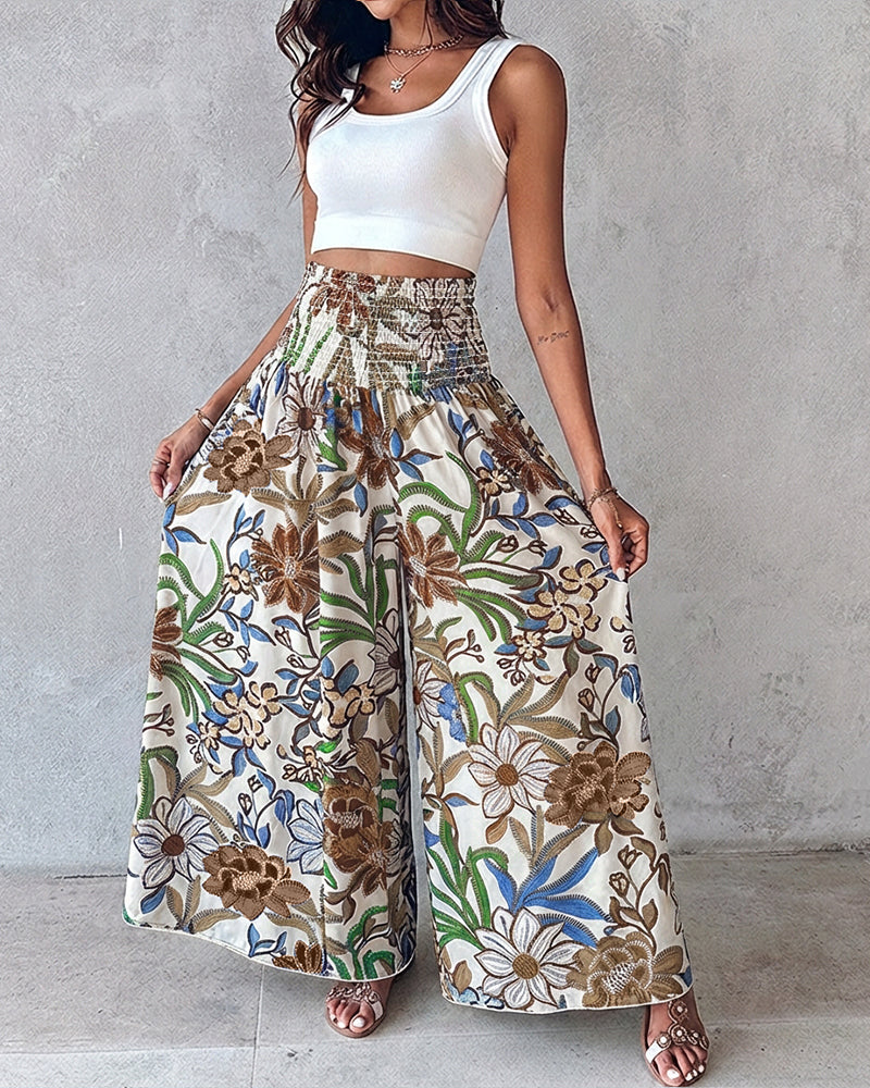 Vintage Floral Print High Waist Shirred Elastic Waist Wide Leg Pants - Image 6