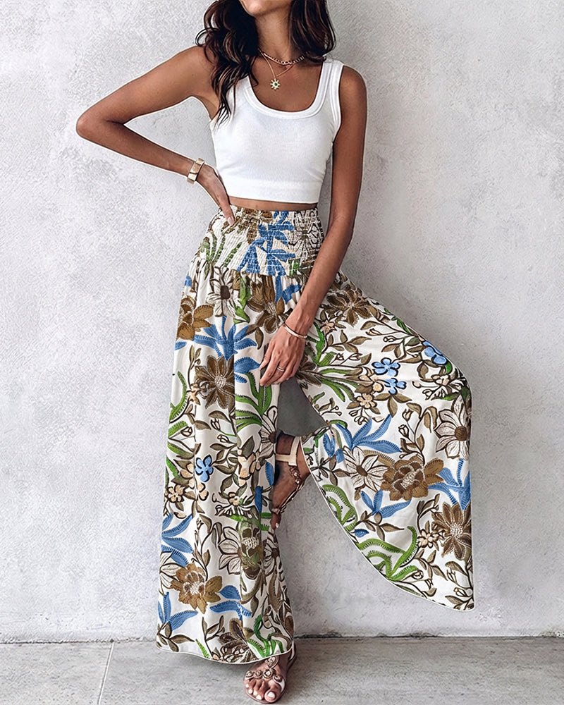 Vintage Floral Print High Waist Shirred Elastic Waist Wide Leg Pants - Image 7