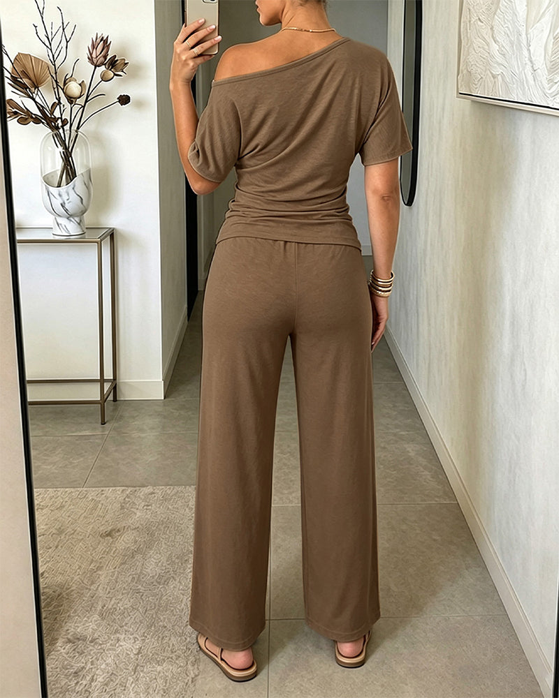 Women's Skew Neck 2 Piece Outfits Ruched Tie Waist Short Sleeve Top and High Waisted Wide Leg Pants Lounge Set - Image 21