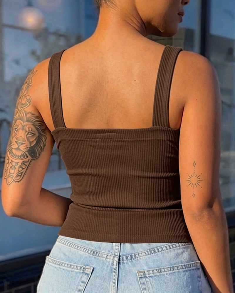 Women's Ribbed Knit Tank Top Square Neck Slim Fit Cami Top Adjustable Eyelet Strap Backless Top - Image 15