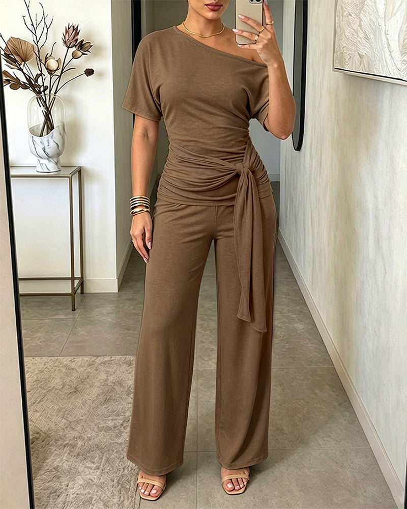Women's Skew Neck 2 Piece Outfits Ruched Tie Waist Short Sleeve Top and High Waisted Wide Leg Pants Lounge Set - Image 20