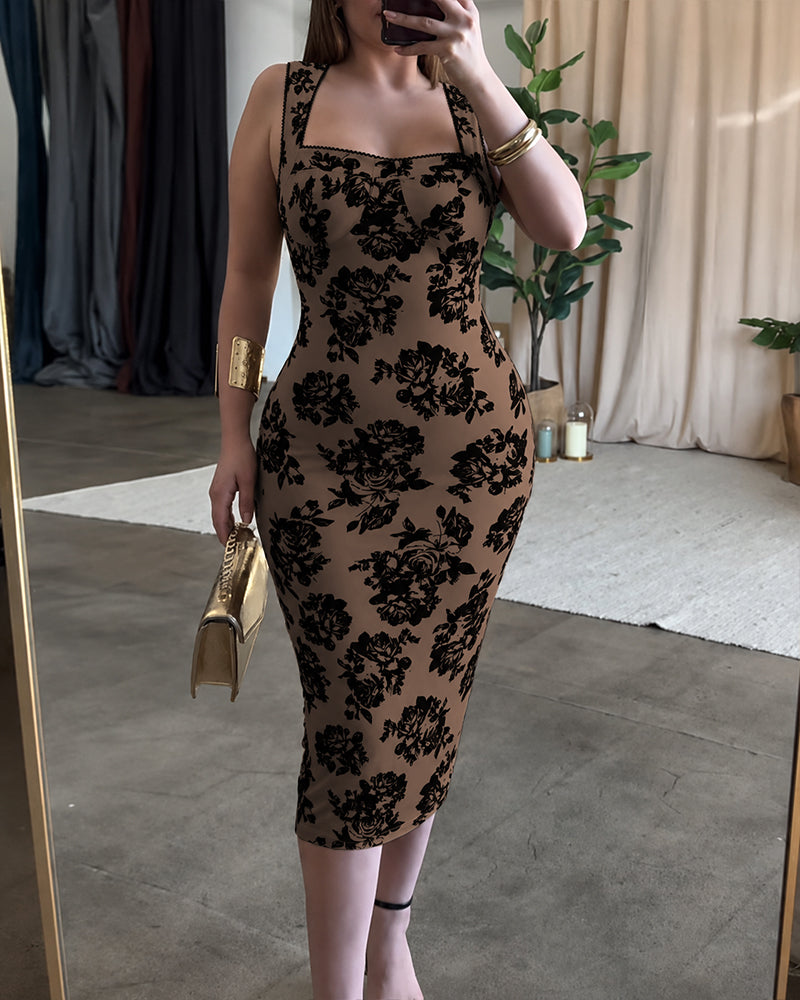 Women's Vintage Flocking Rose Midi Dress Square Neck Sleeveless Bodycon Dress Elegant Club Party Gown - Image 11