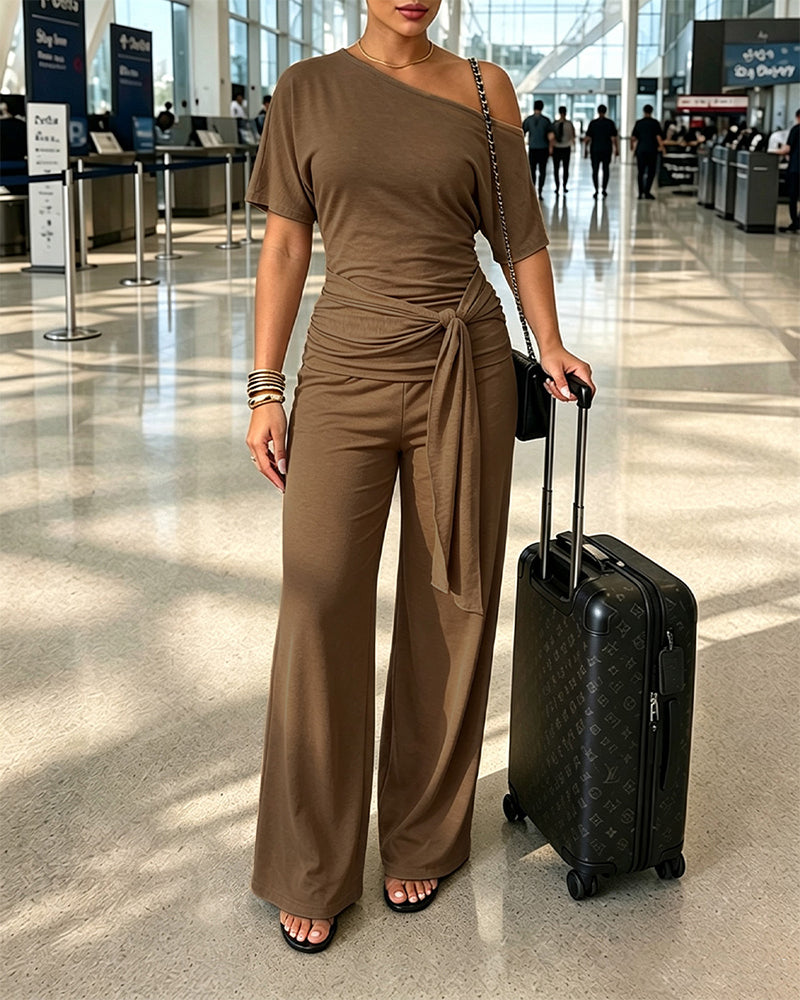 Women's Skew Neck 2 Piece Outfits Ruched Tie Waist Short Sleeve Top and High Waisted Wide Leg Pants Lounge Set - Image 24