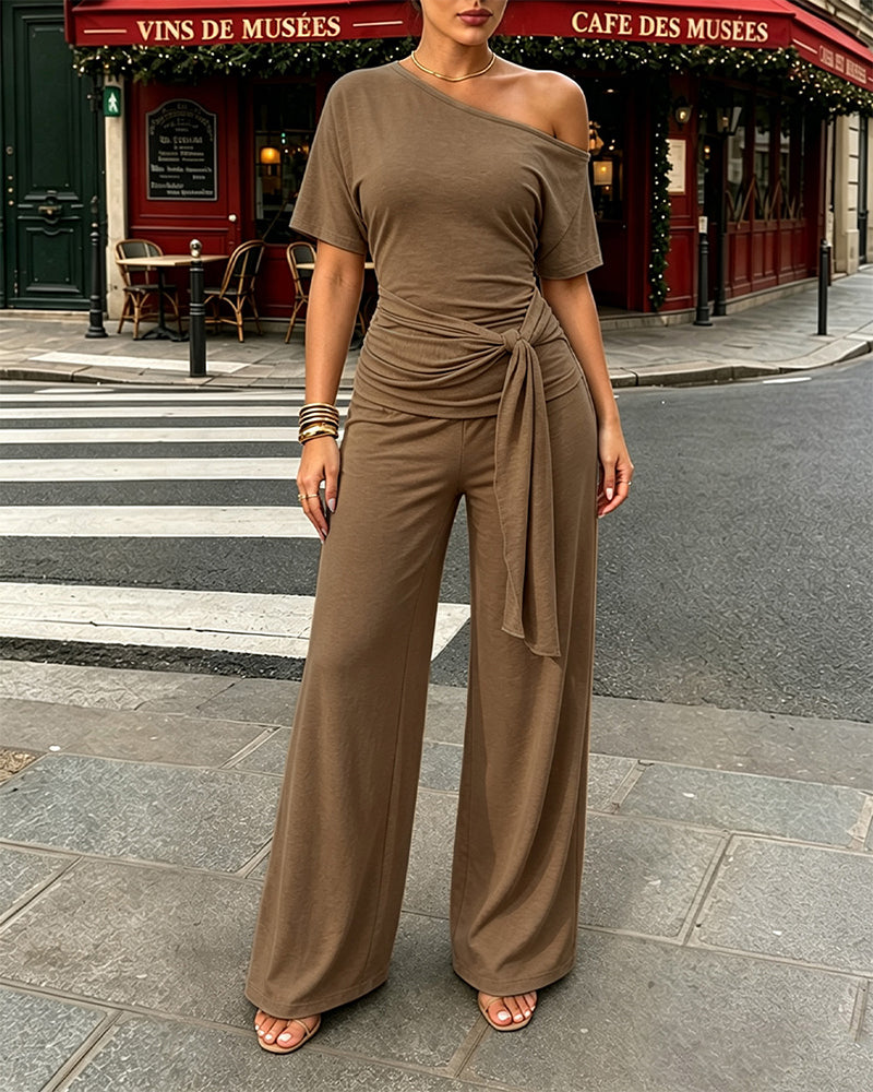 Women's Skew Neck 2 Piece Outfits Ruched Tie Waist Short Sleeve Top and High Waisted Wide Leg Pants Lounge Set - Image 23