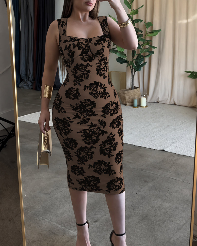 Women's Vintage Flocking Rose Midi Dress Square Neck Sleeveless Bodycon Dress Elegant Club Party Gown - Image 13