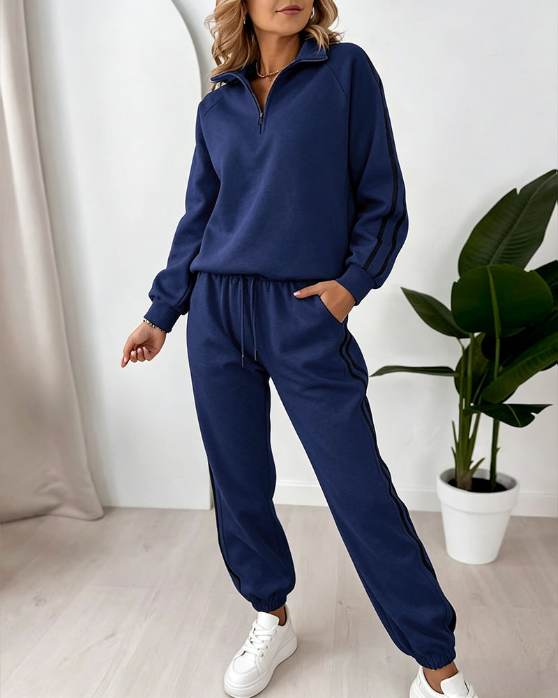 Women's Contrast Side Stripe Two Piece Sweatsuit Half Zip Sweatshirt and High Waisted Joggers Set Casual Tracksuit - Image 9