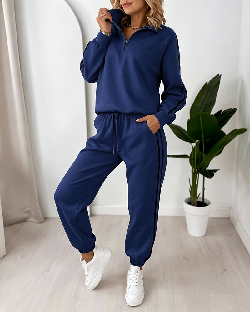 Women's Contrast Side Stripe Two Piece Sweatsuit Half Zip Sweatshirt and High Waisted Joggers Set Casual Tracksuit - Image 7