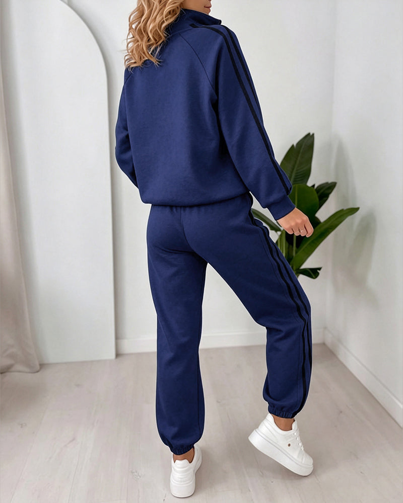 Women's Contrast Side Stripe Two Piece Sweatsuit Half Zip Sweatshirt and High Waisted Joggers Set Casual Tracksuit - Image 8
