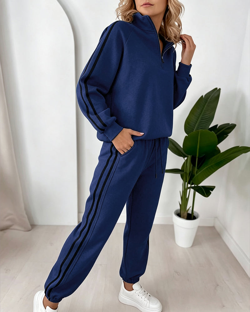 Women's Contrast Side Stripe Two Piece Sweatsuit Half Zip Sweatshirt and High Waisted Joggers Set Casual Tracksuit - Image 12