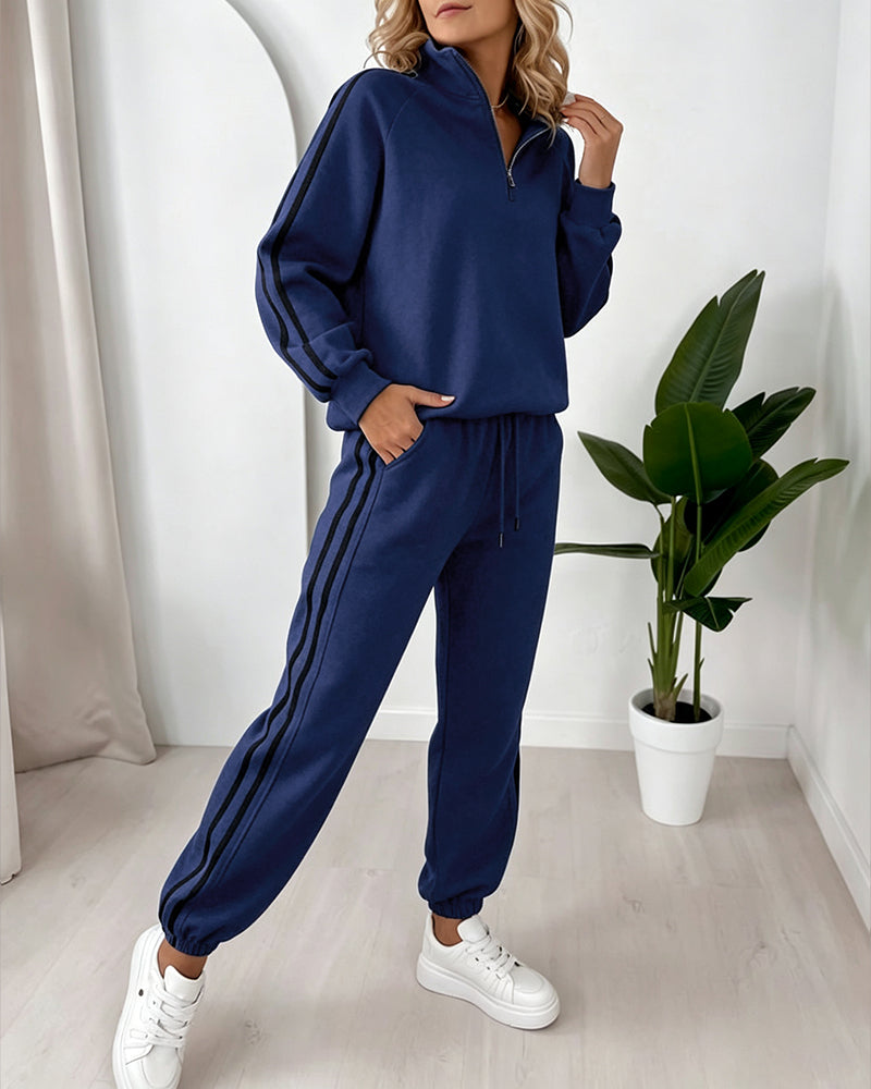 Women's Contrast Side Stripe Two Piece Sweatsuit Half Zip Sweatshirt and High Waisted Joggers Set Casual Tracksuit - Image 13