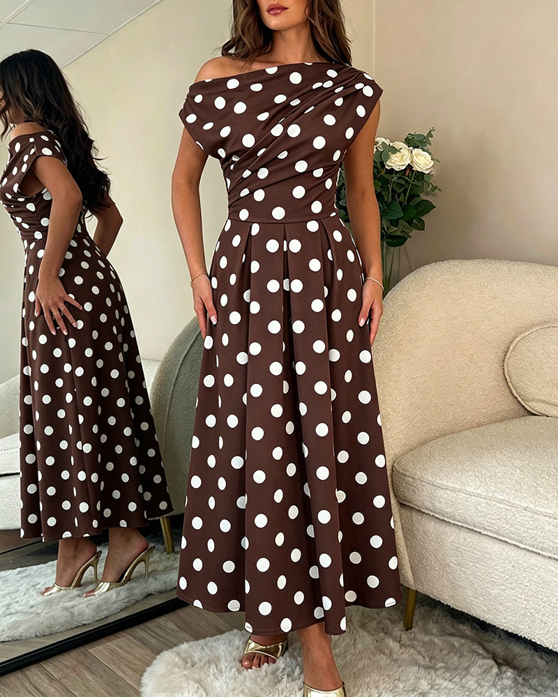Women's Skew Neck Polka Dot Maxi Dress Ruched A-Line Swing Dress Elegant Party Cocktail Dress with Pockets - Image 14