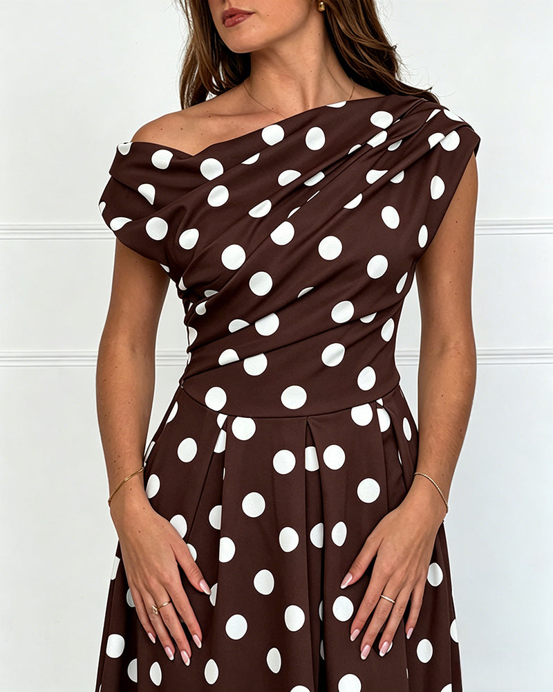 Women's Skew Neck Polka Dot Maxi Dress Ruched A-Line Swing Dress Elegant Party Cocktail Dress with Pockets - Image 19