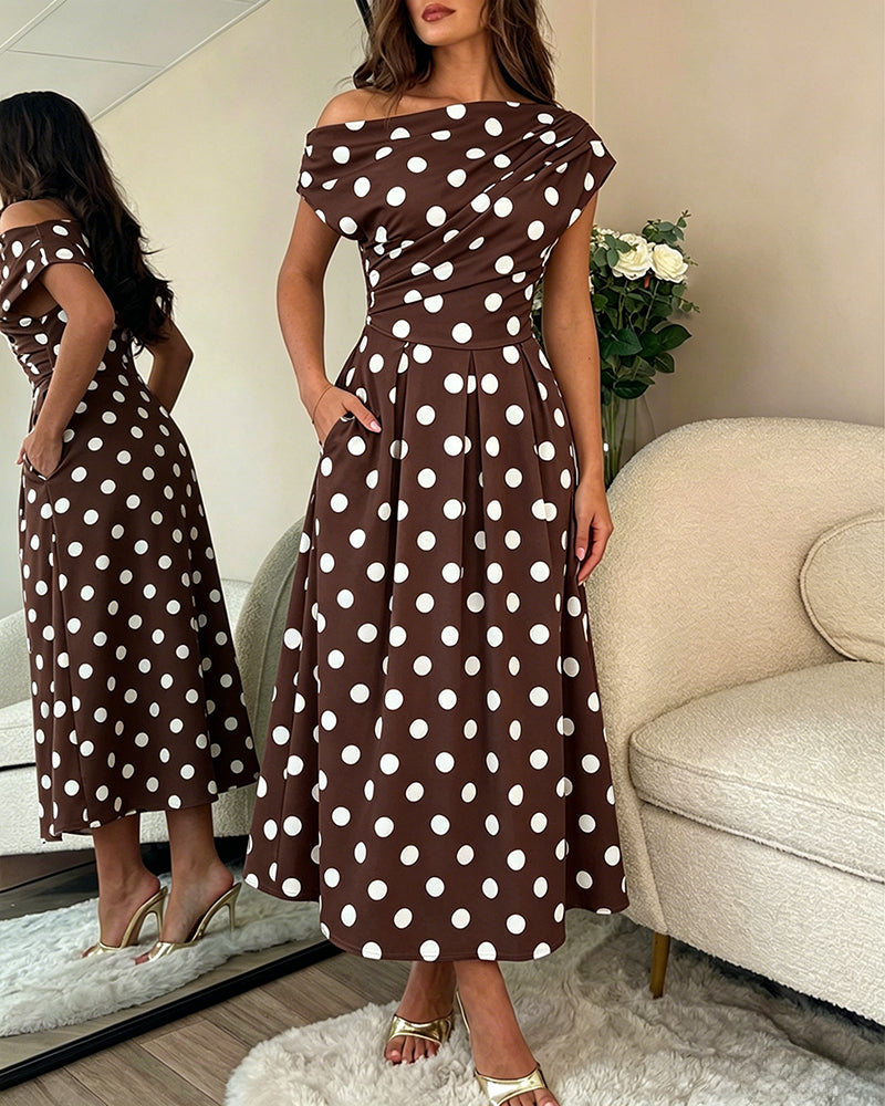 Women's Skew Neck Polka Dot Maxi Dress Ruched A-Line Swing Dress Elegant Party Cocktail Dress with Pockets - Image 15