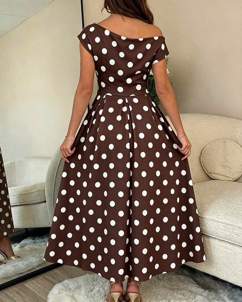 Women's Skew Neck Polka Dot Maxi Dress Ruched A-Line Swing Dress Elegant Party Cocktail Dress with Pockets - Image 16
