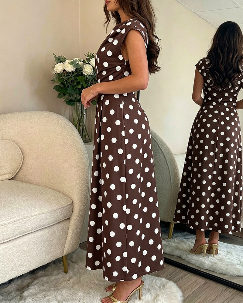 Women's Skew Neck Polka Dot Maxi Dress Ruched A-Line Swing Dress Elegant Party Cocktail Dress with Pockets - Image 18