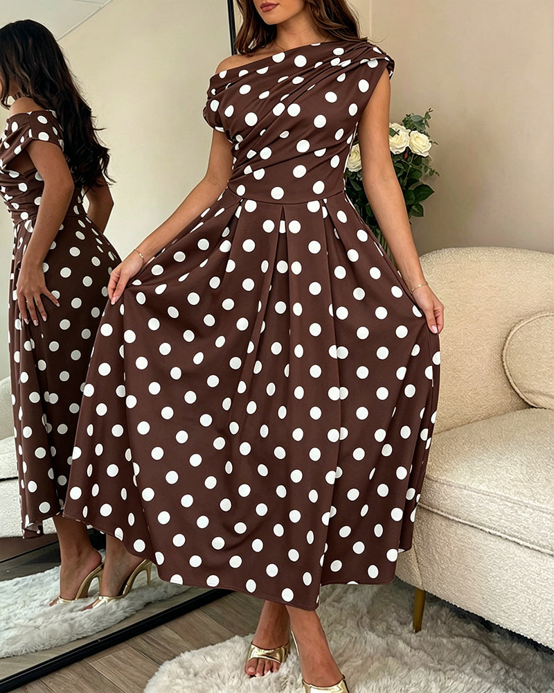 Women's Skew Neck Polka Dot Maxi Dress Ruched A-Line Swing Dress Elegant Party Cocktail Dress with Pockets - Image 17
