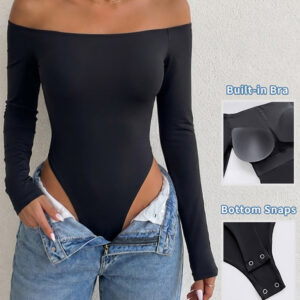 Women's Off Shoulder Bodysuit Minimalist Long Sleeve Sexy Slim Fit Bodysuit with Built-In Bra