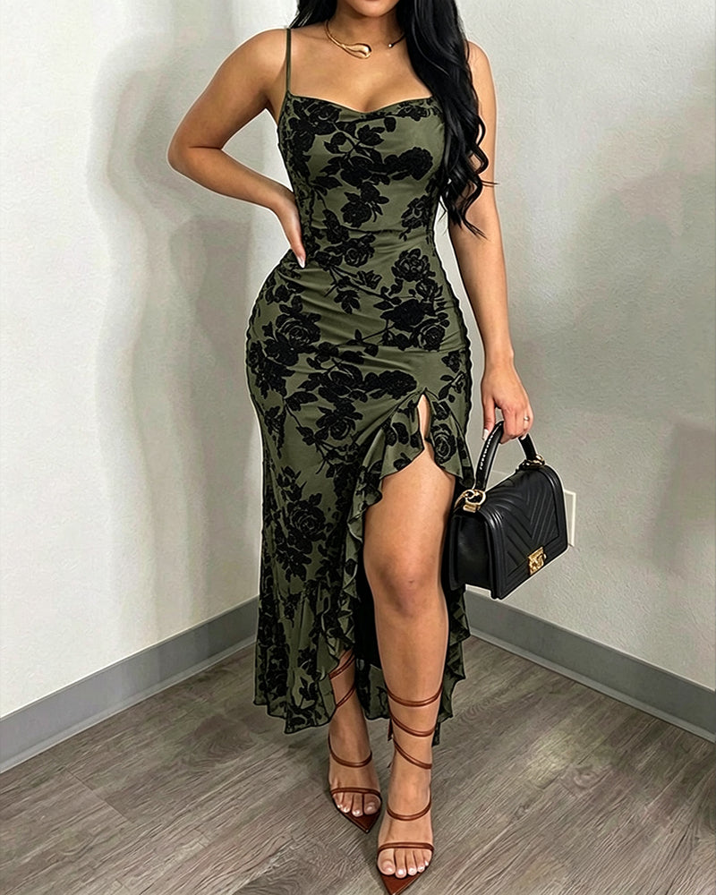 Women's Vintage Flocking Floral Maxi Dress Sexy Cowl Neck Cami Dress High Slit Backless Bodycon Evening Gown - Image 17