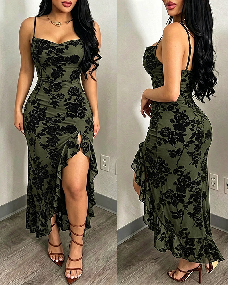 Women's Vintage Flocking Floral Maxi Dress Sexy Cowl Neck Cami Dress High Slit Backless Bodycon Evening Gown - Image 14