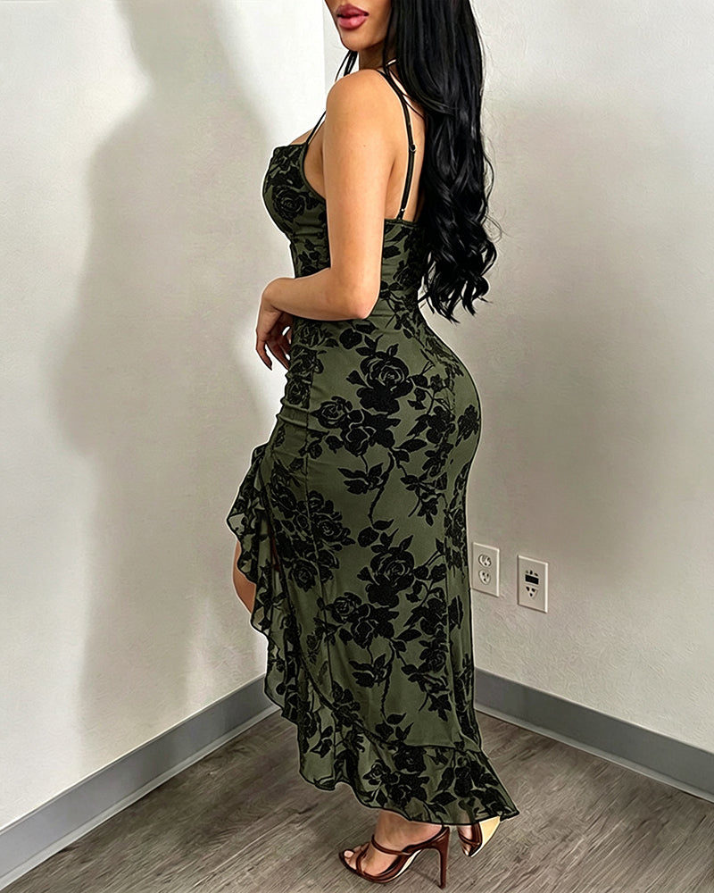 Women's Vintage Flocking Floral Maxi Dress Sexy Cowl Neck Cami Dress High Slit Backless Bodycon Evening Gown - Image 18
