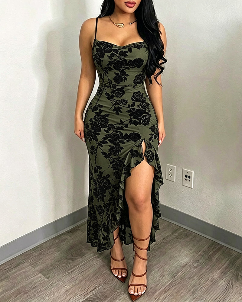 Women's Vintage Flocking Floral Maxi Dress Sexy Cowl Neck Cami Dress High Slit Backless Bodycon Evening Gown - Image 19