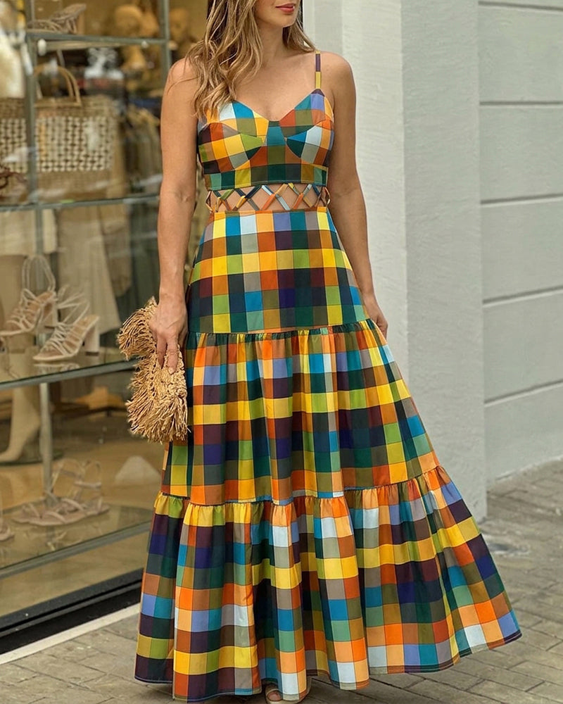 Women's Colorblock Plaid Hollow-out Maxi Dress V Neck Backless Ruffle Cami Dress Casual Shirred Beach Sundress - Image 5