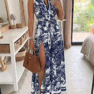 Vintage Ink Print Turn-down Collar Sleeveless Butto Front Maxi Dress Casual Zipper Back Tie Waist Side High Slit Vacation Dress with Belt