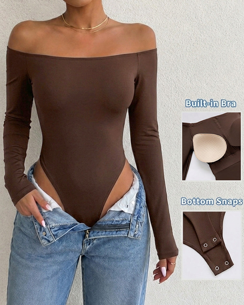 Women's Off Shoulder Bodysuit Minimalist Long Sleeve Sexy Slim Fit Bodysuit with Built-In Bra - Image 8
