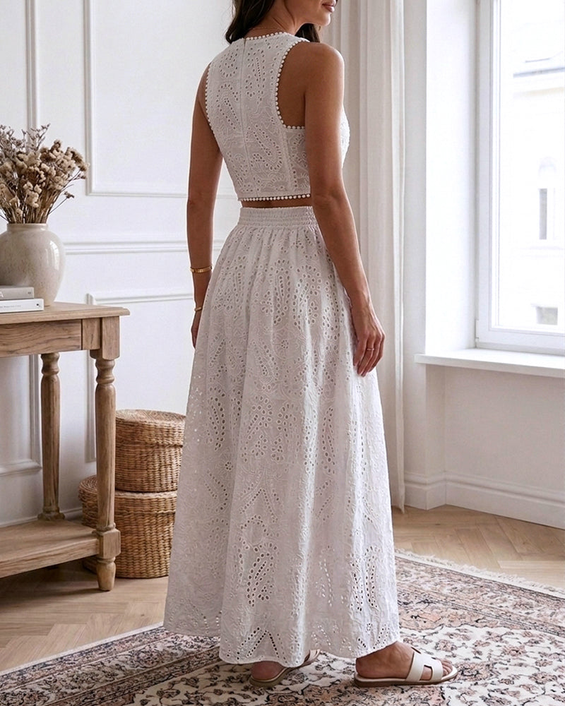 2 Pieces Outfit Sleeveless Hollow-out Back Zipper Side Crop Top and Casual High Waist Elastic Back Waist A Line Skirt Set Casual Lace Hollow Out Pattern Set - Image 2