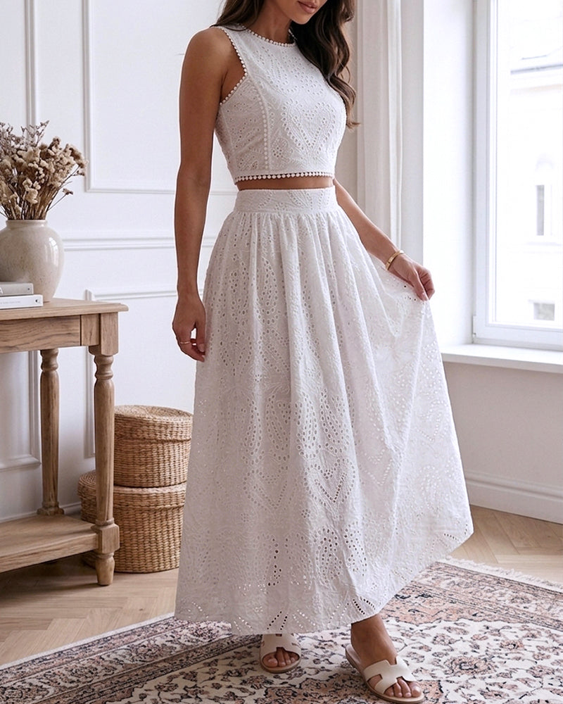 2 Pieces Outfit Sleeveless Hollow-out Back Zipper Side Crop Top and Casual High Waist Elastic Back Waist A Line Skirt Set Casual Lace Hollow Out Pattern Set - Image 3
