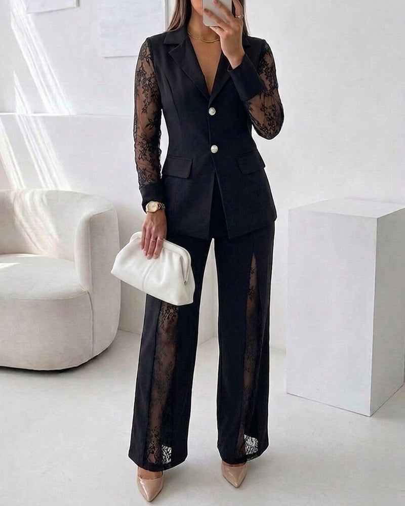 Women's 2 Piece Blazer Suit Set Elegant Lace Patchwork Long Sleeve Coat and High Waisted Straight Leg Pants - Image 4
