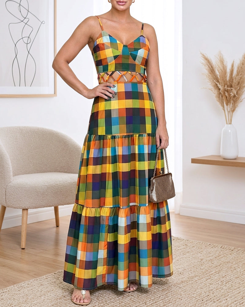 Women's Colorblock Plaid Hollow-out Maxi Dress V Neck Backless Ruffle Cami Dress Casual Shirred Beach Sundress - Image 3