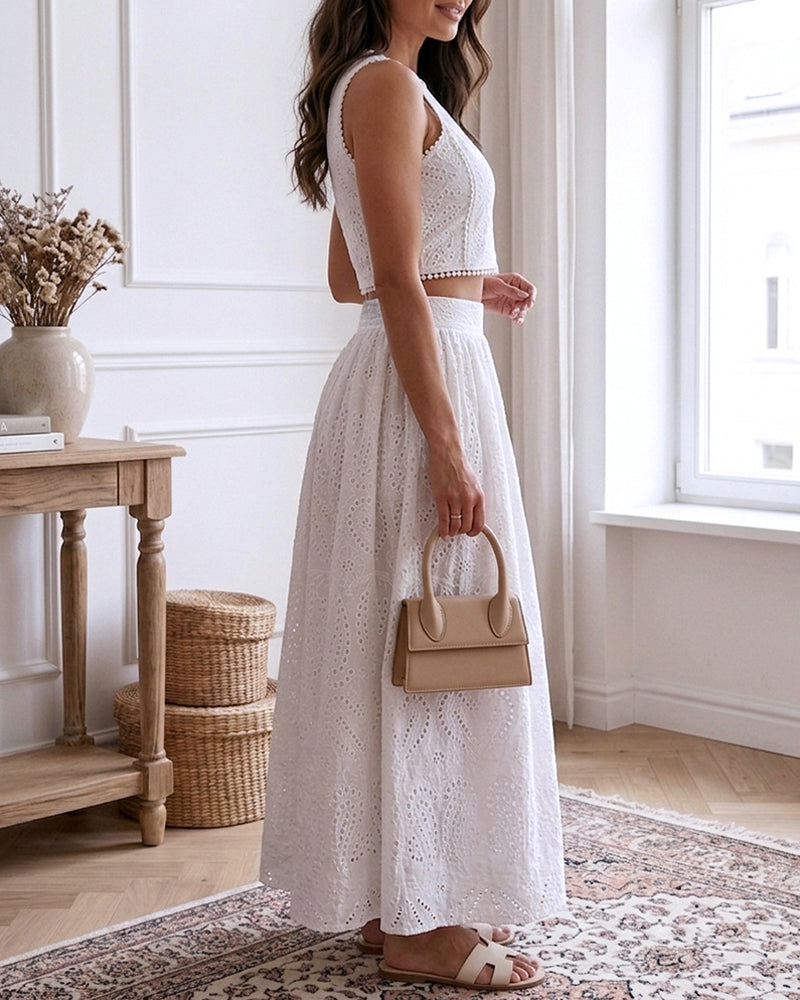 2 Pieces Outfit Sleeveless Hollow-out Back Zipper Side Crop Top and Casual High Waist Elastic Back Waist A Line Skirt Set Casual Lace Hollow Out Pattern Set - Image 4