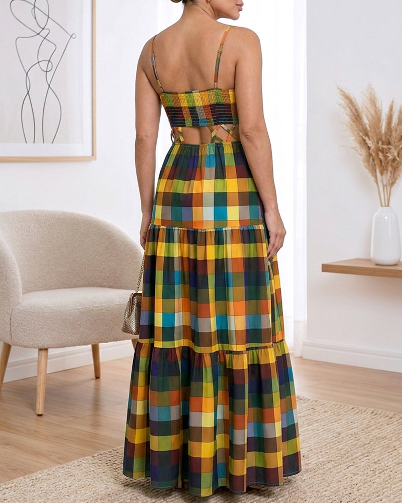 Women's Colorblock Plaid Hollow-out Maxi Dress V Neck Backless Ruffle Cami Dress Casual Shirred Beach Sundress - Image 2
