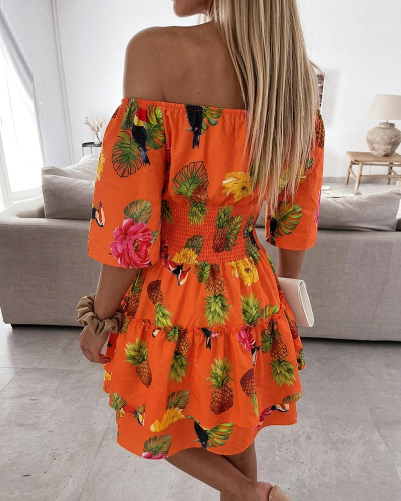 Women's Stretchy Off Shoulder Vacation Dress Tropical Fruit Floral Shirred Waist Ruffle Hem A Line Dress - Image 2