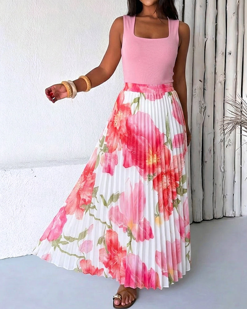2 Pieces Outfit Square Neck Sleeveless Slim Fit Top and Watercolor Floral Print High Waist Elastic Waist Pleated Maxi Skirt Set - Image 5