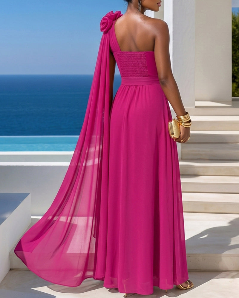 Women's One Shoulder Chiffon Maxi Dress 3D Floral High Slit Evening Gown Elegant Shirred Backless Draped Party Dress - Image 2