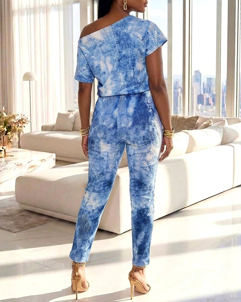 Women's Denim?Look Print Skew Neck Jumpsuit Short Sleeve Drawstring Waist Slim Fit Overalls - Image 2