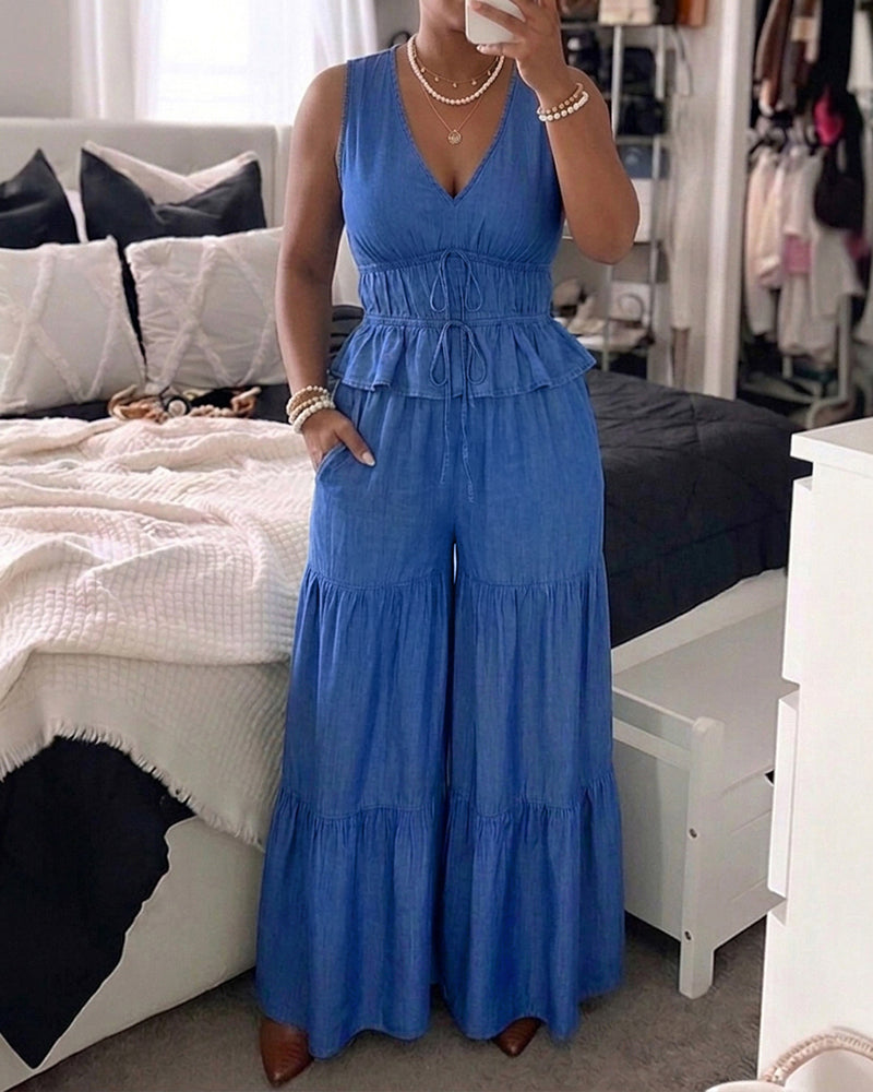 2 Pieces Outfit Deep V-Neck Sleeveless Tie Front Cinched Waist Top and Elastic Waist Wide Leg Pants Set Casual Ruffle Hem Set - Image 4
