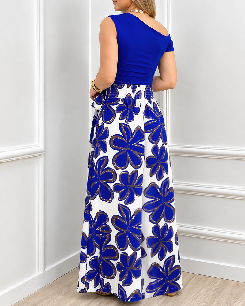 Women's 2 Piece Skirt Set Skew Neck Ruched Slim Fit Top and High Waisted Floral Print A Line Skirt with Pockets - Image 5