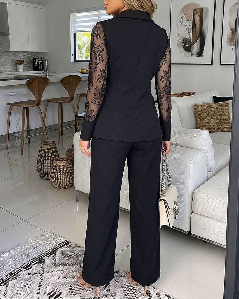 Women's 2 Piece Blazer Suit Set Elegant Lace Patchwork Long Sleeve Coat and High Waisted Straight Leg Pants - Image 2
