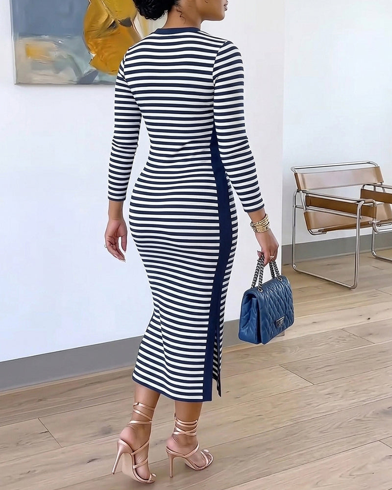 Women's Casual Striped Midi Dress Long Sleeve Crewneck Contrast Side Panel Side Slit T-Shirt Knit Dress with Pockets - Image 2