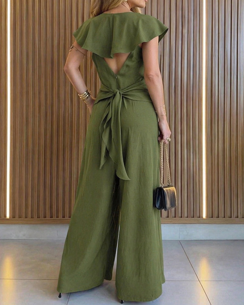 V-Neck Adjustable Spaghetti Straps Backless Overalls Casual Zipper Back Wide Leg Jumpsuit with Convertible Ruffles Tie Panel - Image 2