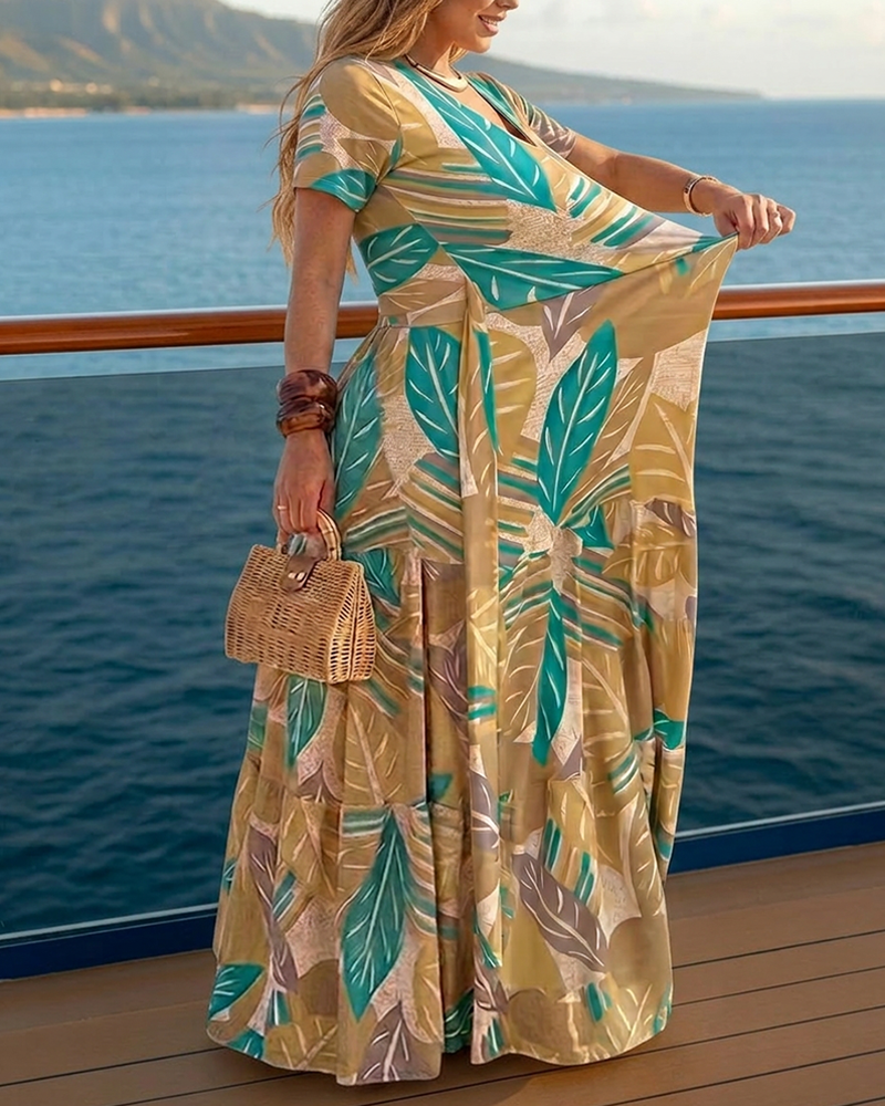 Plants Print V-Neck Short Sleeve Tie Waist Maxi Dress Casual Cinched Waist Ruffle Hem Vacation Dress - Image 5