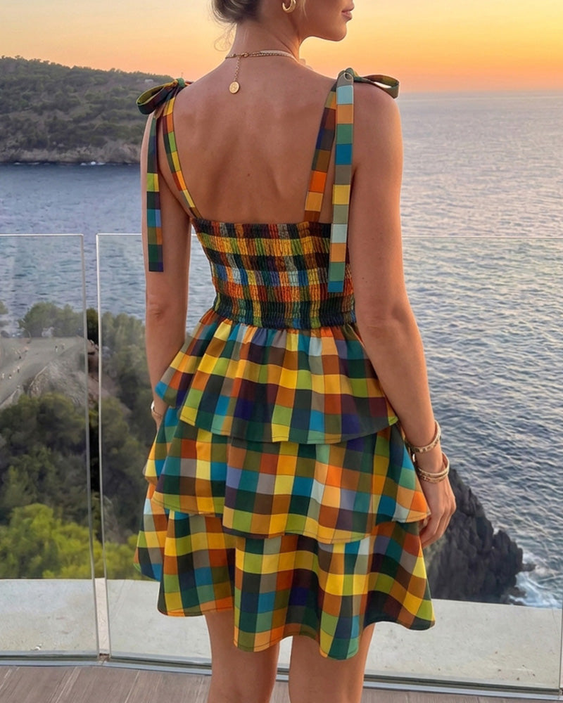 Women's Colorblock Plaid Mini Dress Elegant Tie Strap Ruffle Tiered Vacation Dress Shirred Backless A Line Sundress - Image 2