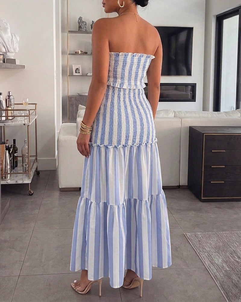 Women's Striped Tube Maxi Dress Sexy Cutout Bodycon Mermaid Dress Ruched Shirred Drawstring Vacation Dress - Image 2