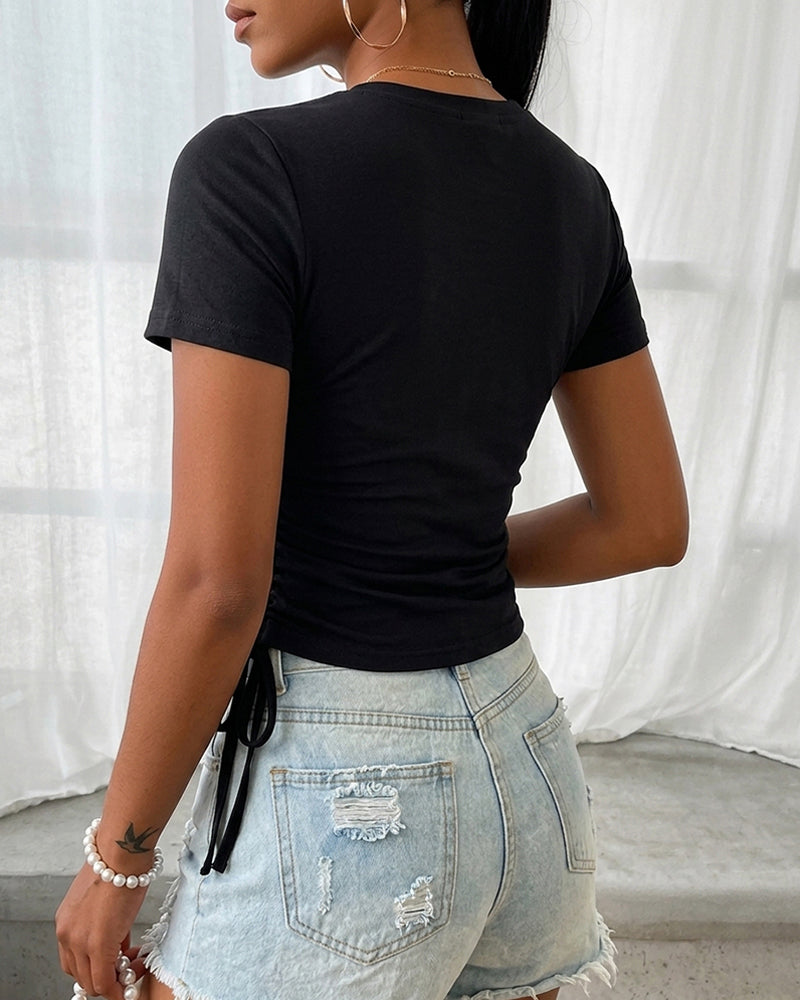 Women's Heart Cutout Rhinestone T-Shirt Short Sleeve Side Drawstring Ruched Top Slim Fit Sparkly Party Tee - Image 2